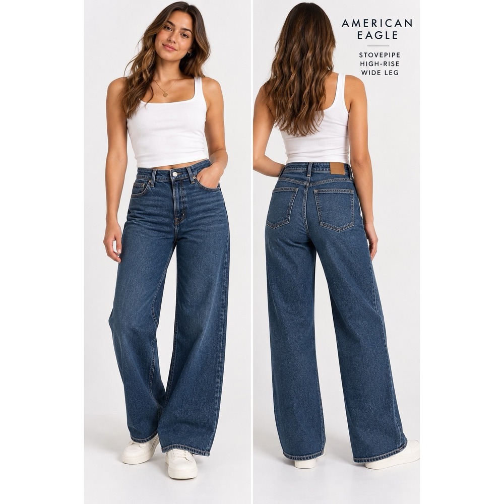 American Eagle Wide Leg Trouser Jean Size 6 High Rise Preppy Stretch Baggy NWT